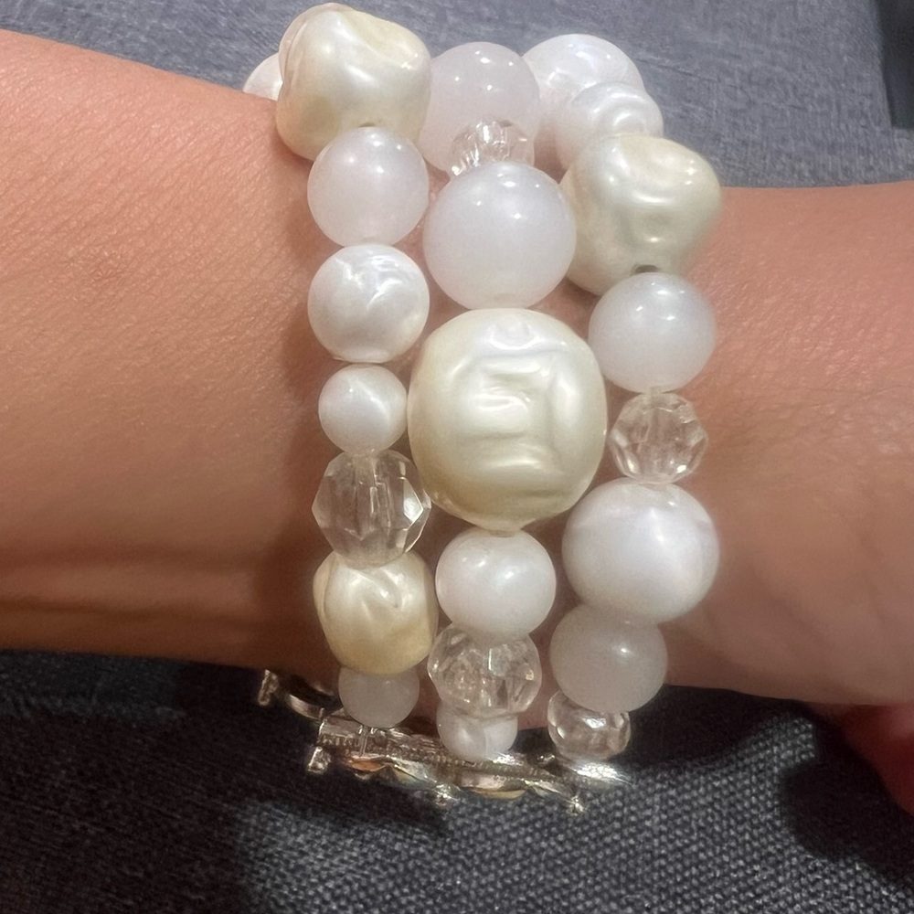 Vtg Coro Faux Pearl Bracelet Multi layered Crystal Bead Silver Tone Signed bold